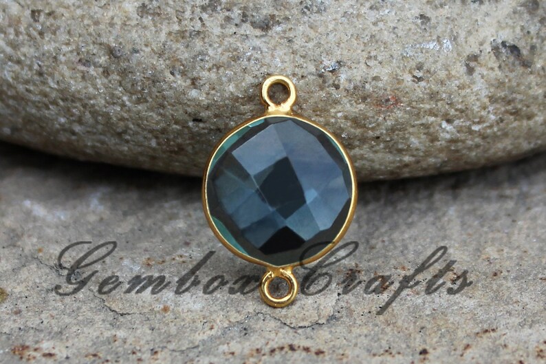 Sky Blue Topaz Hydro Quartz 18mm Round Briolette 925 Sterling Silver Gold Plated Bezel Connector