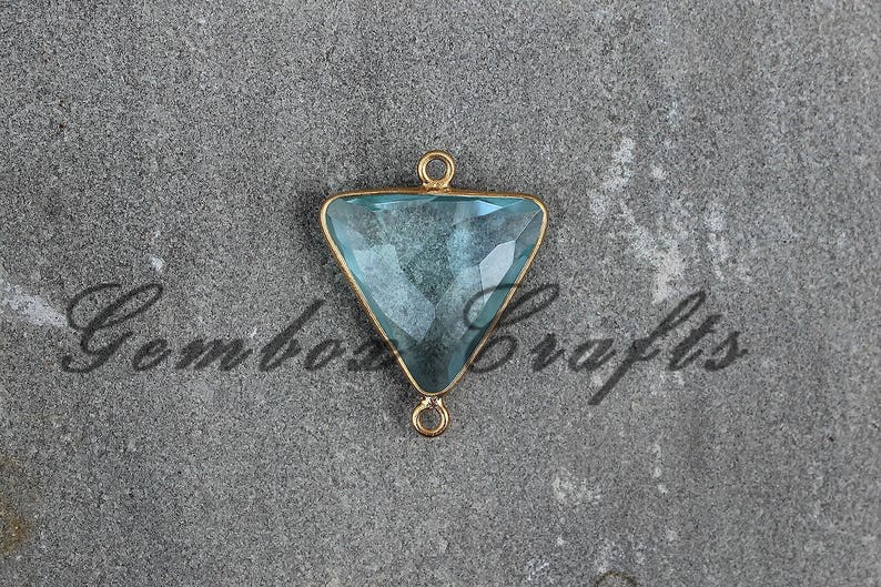 Sky Blue Topaz Quartz 22mm Triangle Briolette 925 Sterling Silver Gold Plated Bezel Connector