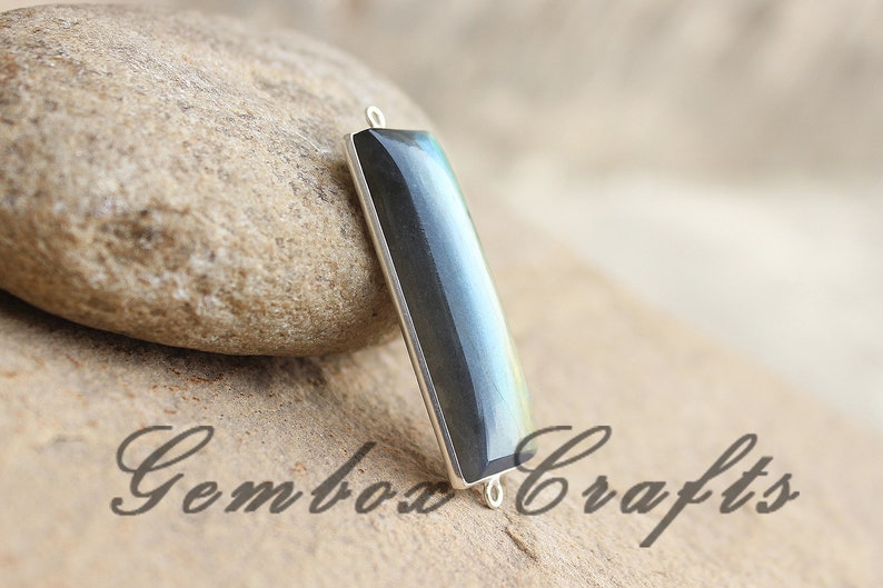 Natural Labradorite 13x44mm Rectangle Cabochon 925 Sterling Silver Plated Bezel Connector