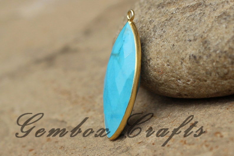 Imitation Turquoise 17x34mm Marquise Briolette 925 Sterling Silver Gold Plated Bezel Pendant