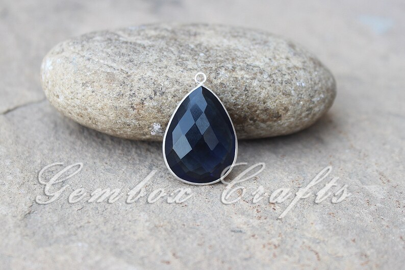 London Blue Topaz Hydro Quartz 15x30mm Pear Briolette 925 Sterling Silver Gold Plated Bezel Pendant