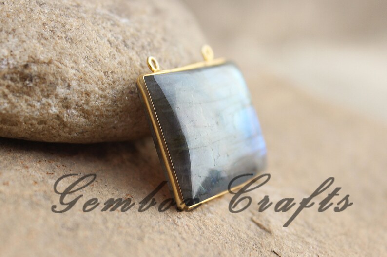 Natural Labradorite 34x24mm Rectangle Cabochon 925 Sterling Silver Plated Bezel Pendant With Loop
