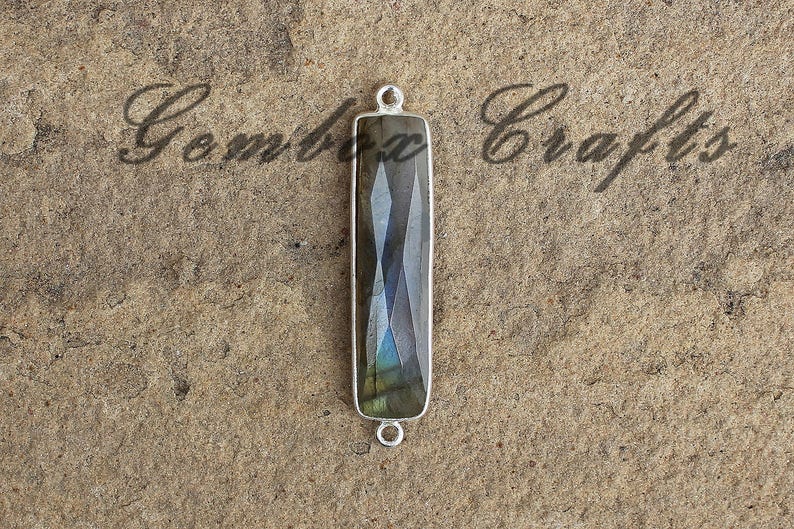 Natural Labradorite 8x40mm Rectangle Briolette 925 Sterling Silver Gold Plated Bezel Connector