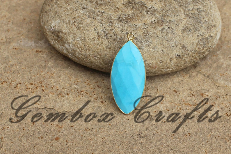 Imitation Turquoise 17x34mm Marquise Briolette 925 Sterling Silver Gold Plated Bezel Pendant