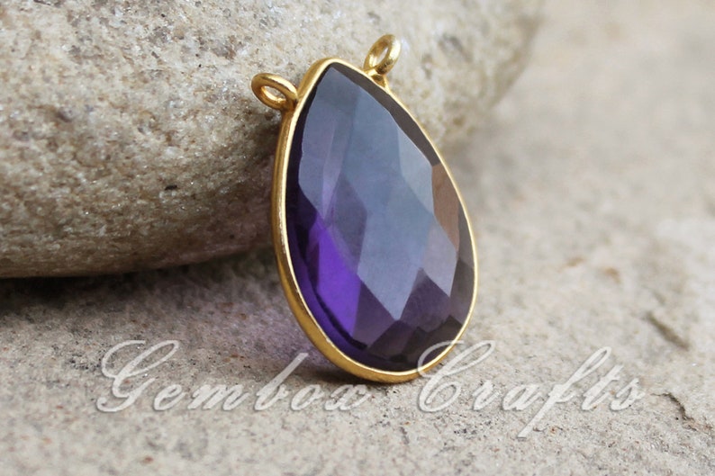 Amethyst Hydro Quartz Pear Briolette 925 Sterling Silver Gold Plated Textured Bezel Pendant