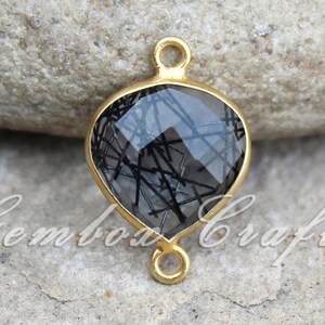 Black Rutilated Hydro Quartz Heart Briolette 925 Sterling Silver Gold Plated Bezel Connector