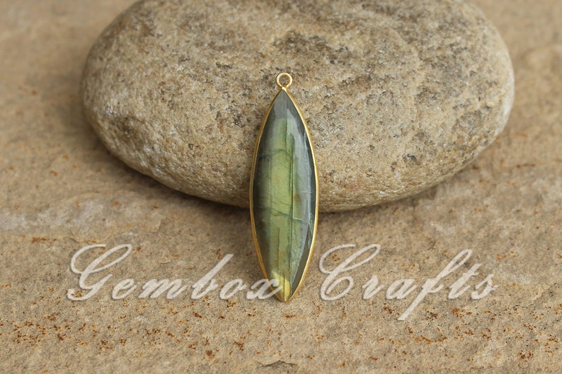 Natural Labradorite 17x34mm Marquise Cabochon 925 Sterling Silver Gold Plated Bezel Pendant