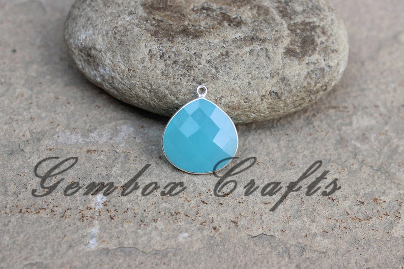 Sky Blue Chalcedony 22mm Heart Briolette 925 Sterling Silver Plated Bezel Pendant