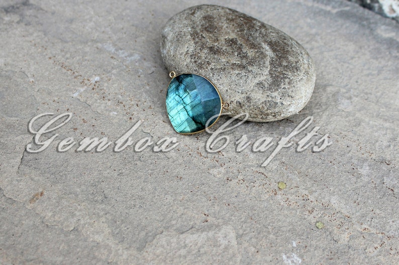 Natural Labradorite 20mm Heart Briolette 925 Sterling Silver Gold Plated Bezel Double Bails Pendant
