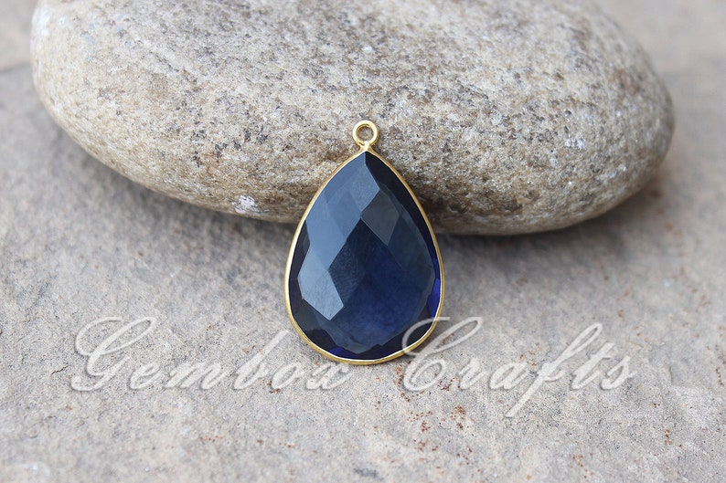 London Blue Topaz Hydro Quartz 15x30mm Pear Briolette 925 Sterling Silver Gold Plated Bezel Pendant