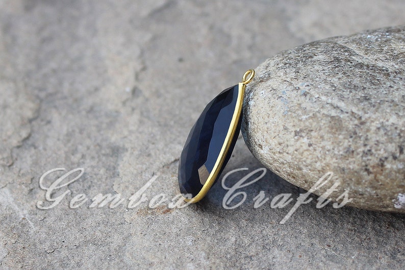 London Blue Topaz Hydro Quartz 15x30mm Pear Briolette 925 Sterling Silver Gold Plated Bezel Pendant
