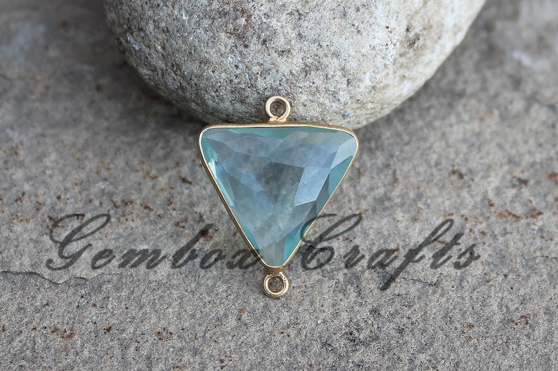 Sky Blue Topaz Quartz 22mm Triangle Briolette 925 Sterling Silver Gold Plated Bezel Connector