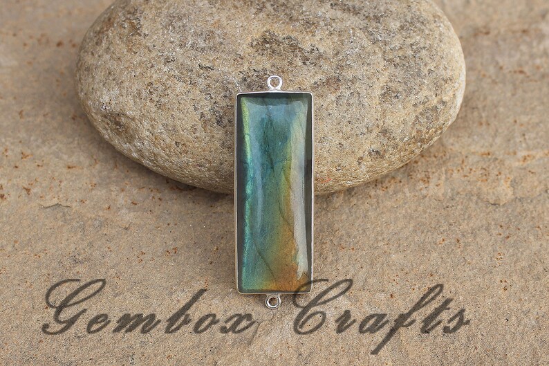 Natural Labradorite 13x44mm Rectangle Cabochon 925 Sterling Silver Plated Bezel Connector