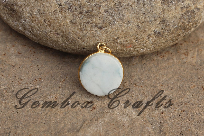 Howlite 25mm Round Both Side Flat Smooth 925 Sterling Silver Gold Plated Bezel Pendant