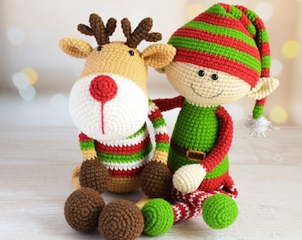 Easy Pattern Crochet Christmas Deer and Elf with Long Legs Christmas Deer and Elf Amigurumi PDF crochet toy pattern Amigurumi Deer and Elf