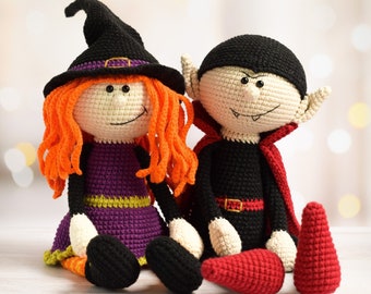 Easy Pattern Crochet Witch and Dracula with Long Legs Witch and Vampire Dracula Toy PDF crochet toy pattern Amigurumi Witch and Vampire