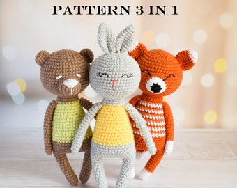 May include: A crochet pattern for three stuffed animals: a brown bear, a gray bunny, and an orange fox. The pattern is titled "PATTERN 3 IN 1".