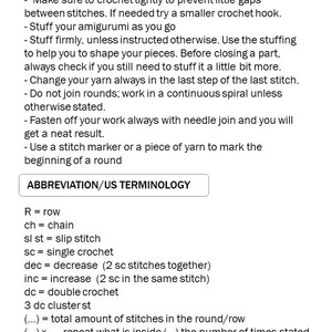 May include: A crochet pattern guide with instructions and abbreviations for crocheting amigurumi. The guide includes notes on how to crochet tightly, stuff amigurumi, and change yarn. It also includes a list of abbreviations for common crochet stitches.
