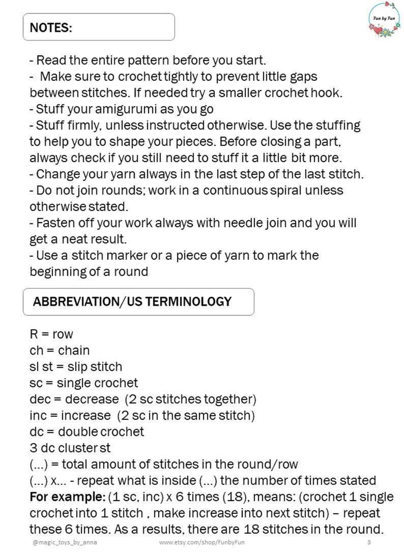 May include: A crochet pattern guide with instructions and abbreviations for crocheting amigurumi. The guide includes notes on how to crochet tightly, stuff amigurumi, and change yarn. It also includes a list of abbreviations for common crochet stitches.