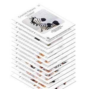 May include: Crochet pattern instructions for making a zebra toy. The pattern includes detailed instructions and images for each step. The finished toy is approximately 14 inches tall.
