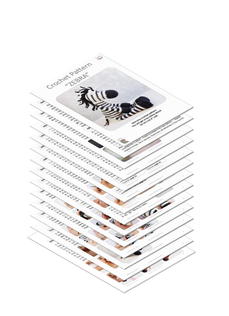 May include: Crochet pattern instructions for making a zebra toy. The pattern includes detailed instructions and images for each step. The finished toy is approximately 14 inches tall.
