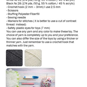 May include: Materials needed to make a crocheted toy: white and black yarn, crochet hook, scissors, stuffing, sewing needle, markers, and safety eyes. The image also shows a close-up of the yarn and a finished crocheted toy.