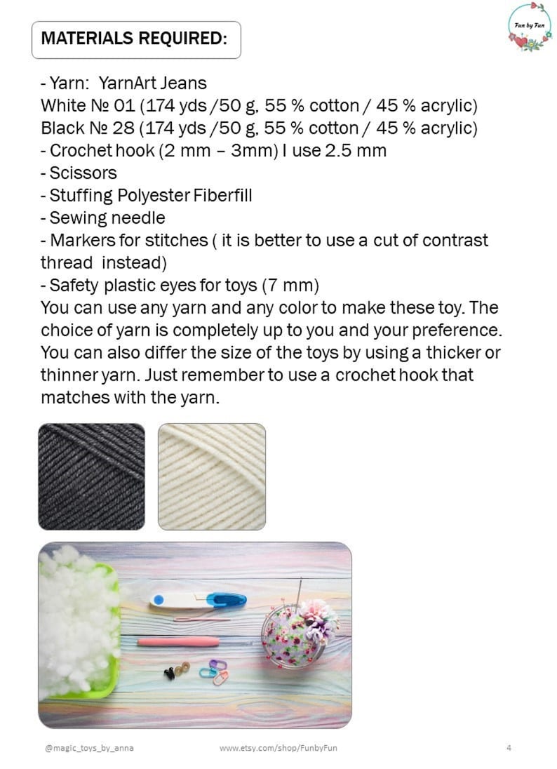 May include: Materials needed to make a crocheted toy: white and black yarn, crochet hook, scissors, stuffing, sewing needle, markers, and safety eyes. The image also shows a close-up of the yarn and a finished crocheted toy.