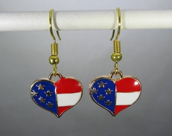 Patriotic, 4th of July, American Flag Hearts w/Gold Tone Dangle Earrings, Gold Tone Hooks, Small, Light Weight, Single Sided