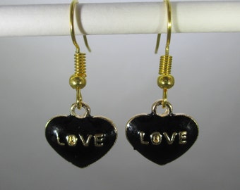 Black Love Heart w/Gold Tone Dangle Earrings