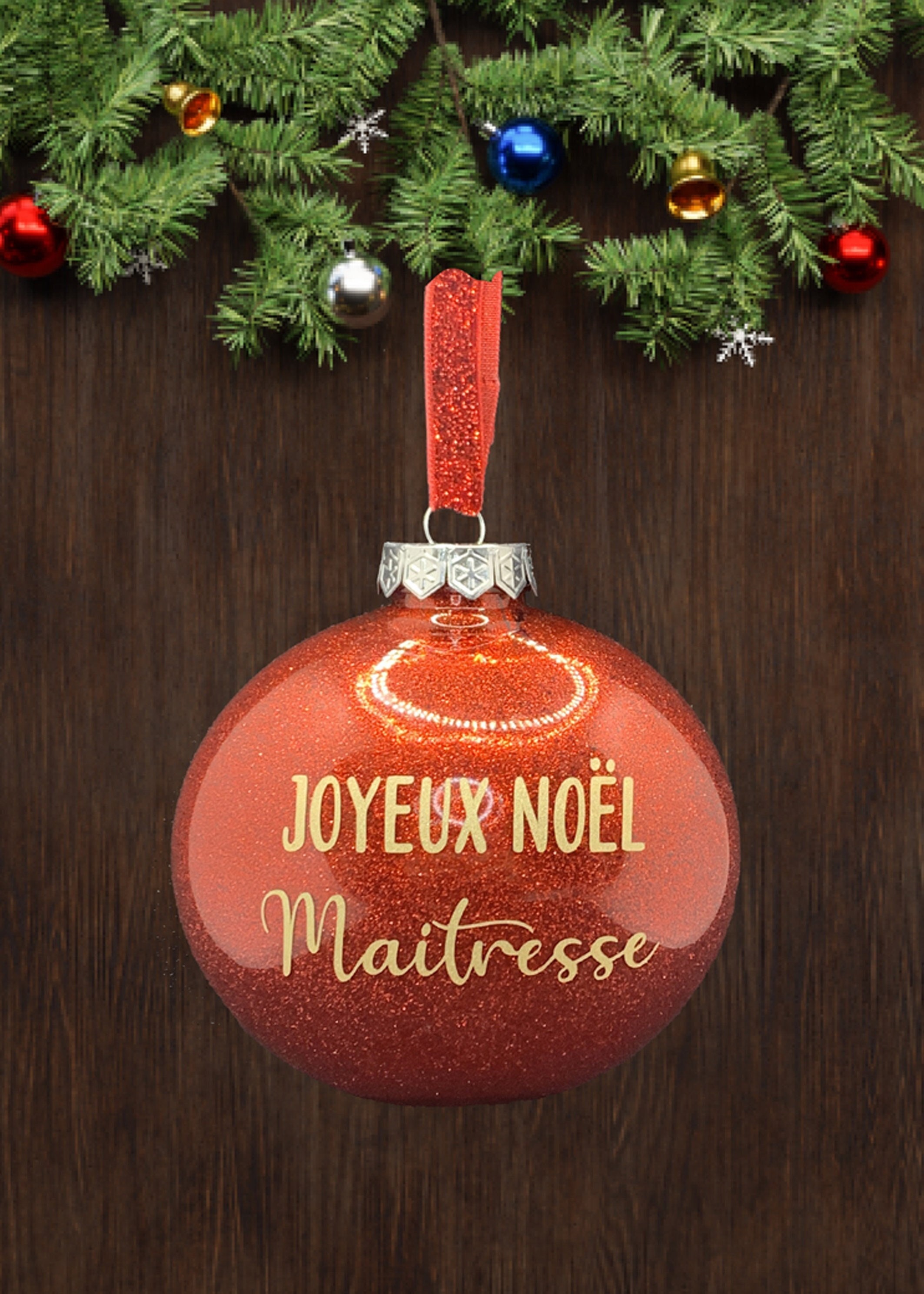 Boule Noël Maitresse , Mamie, Papy, Premier 2021 Pailleté Rouge