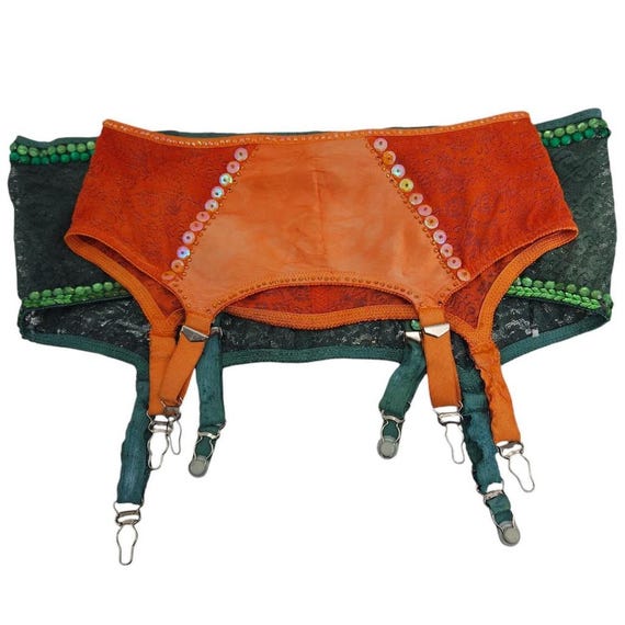 Vintage Dark Green 1950s-1960s Rhinestone Garter Belt - Gem