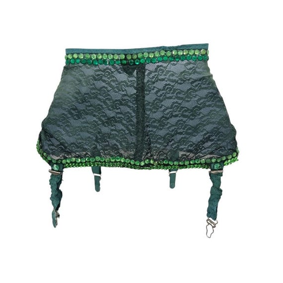 Vintage Dark Green 1950s-1960s Rhinestone Garter Belt - Gem