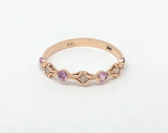14k Rose Gold Half Eternity Dainty Ring Band with High quality natural Diamonds and Pink Sapphires