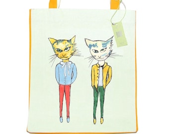 Cool katten organische zware Canvas katoen Tote tas, binnenzak, Washable, Hand tekenen, scherm afgedrukt, oorspronkelijke ontwerp