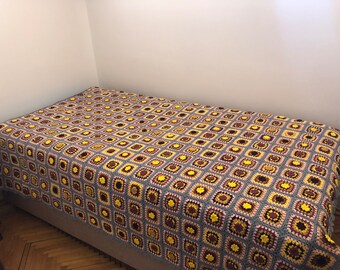 Crocheted afghan crochet blanket handmade crochet bedspread granny square afghan, gray border, queen size bedspread blanket,colorful