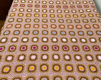 Crocheted afghan crochet blanket handmade crochet bedspread granny square afghan, pink border, full size bedspread blanket,colorful