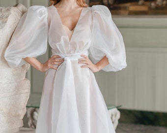 long simply bridal robe with volume sleeves, sheer cover-up gown with train, white bridal lingerie, wedding cute lingerie bridal robe
