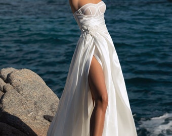 a-line wedding dress, boho satin wedding dress, classic wedding dress, sexy bridal gown, long train, mikado, organza