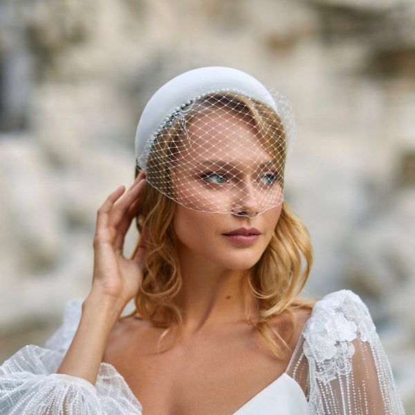 padded headband for bride with pearl birdcage veil, ivory bridal hairband with birdcage veil, premium ivory hair band with pearls