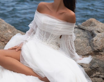 boho wedding dress, a-line wedding dress, vintage bohemian bridal gown, sexy bridal gown, open back wedding gown, sleeves