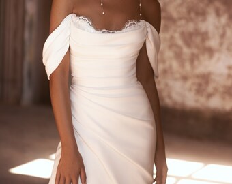 Detachable Bridal Off-shoulder Wrap Mermaid Wedding Dress - Solid Ivory Luxury Bridal Gowns Long Train Sexy High Slit Minimalist Bride Gown