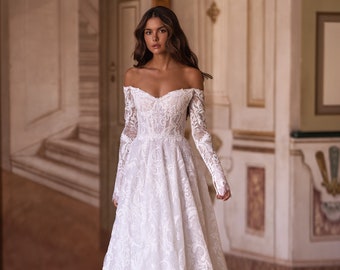 Luxury A-Line Wedding Dress - Lace Bridal Gown, Custom made, Ivory, Slip Off-Shoulder Dress, Long Sleeve, Unique Wedding Dress Romantic