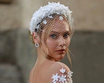 floral headband bridal, padded headband, headband with birdcage veil, ivory bridal hairband, boho wedding headpiece, for bride, bridesmaids