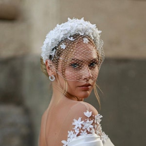 floral headband bridal, padded headband, headband with birdcage veil, ivory bridal hairband, boho wedding headpiece, for bride, bridesmaids image 1