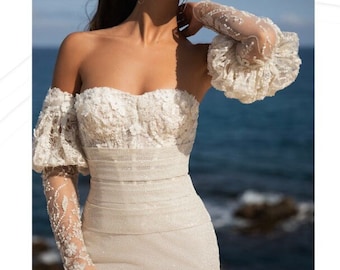 boho wedding dress, a-line wedding dress, vintage bohemian bridal gown, sexy bridal gown, open back, removable sleeves and bolero