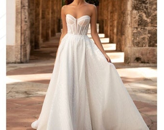 boho wedding dress, a-line wedding dress, vintage bohemian bridal gown, sexy bridal gown, open back, remoovable bolero