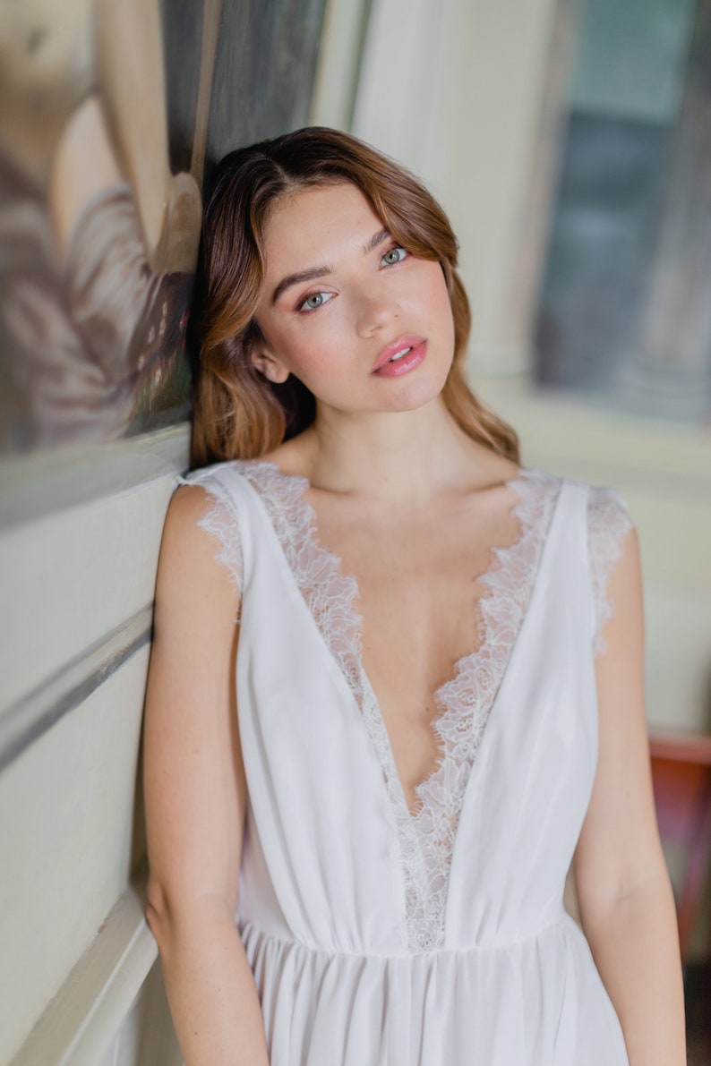 simple chiffon bridal gown, white lace wedding robe, modern lace wedding lingerie bridal robe, long bridal robe boho boudoir dress image 4