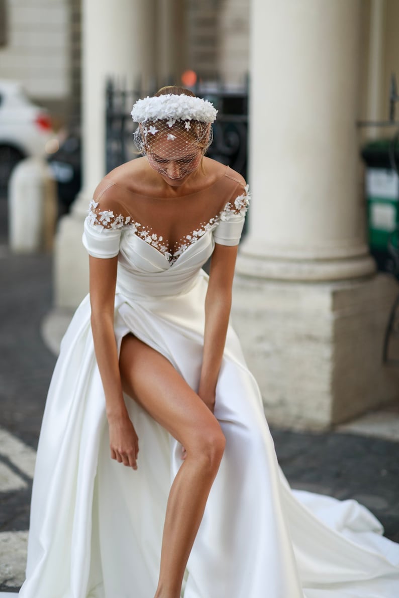 floral headband bridal, padded headband, headband with birdcage veil, ivory bridal hairband, boho wedding headpiece, for bride, bridesmaids image 5