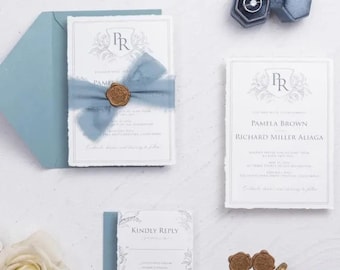 Handtorn Deckle Edge Wedding Invitation Suite: Cotton Paper Monogram Design
