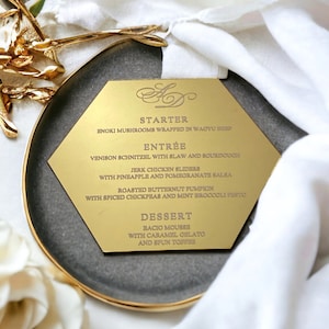 Carte de menu en acrylique miroir doré de forme heptagonale/cartes de menu en acrylique/jour du mariage